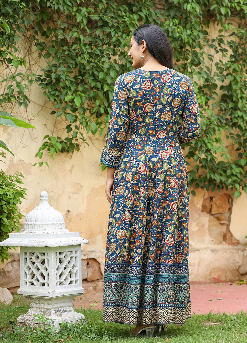Women's Blue Kalamkari Print Viscose Rayon Anarkali Dress