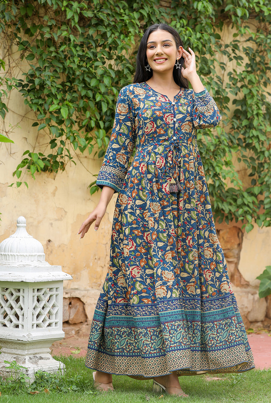 Women's Blue Kalamkari Print Viscose Rayon Anarkali Dress