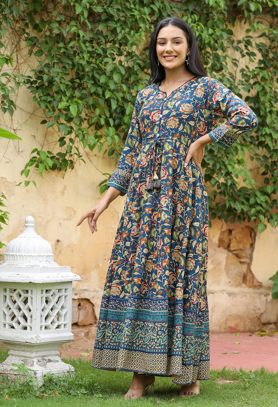 Women's Blue Kalamkari Print Viscose Rayon Anarkali Dress