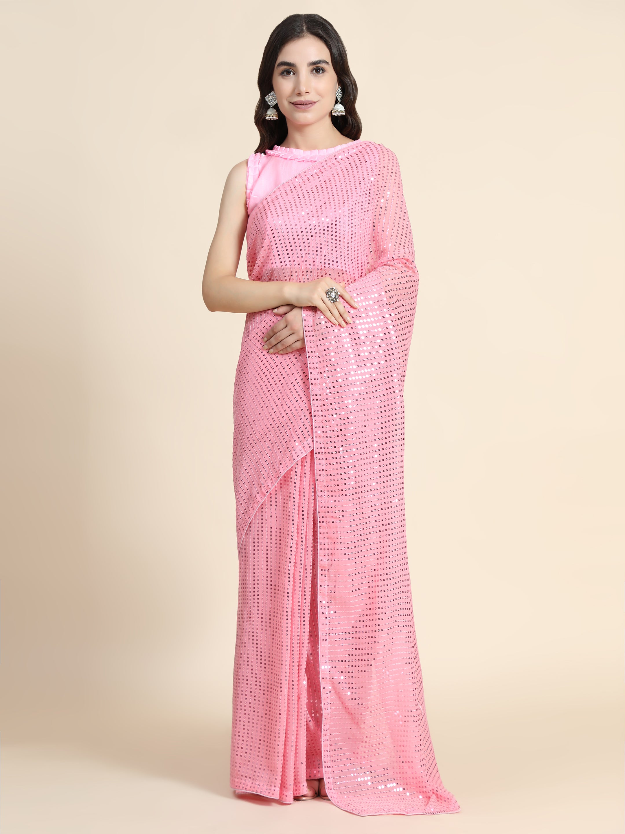 Women's Sequin Striped Paty Wear Contemporary Georgette Saree With Blouse Piece (Baby Pink) - NIMIDHYA