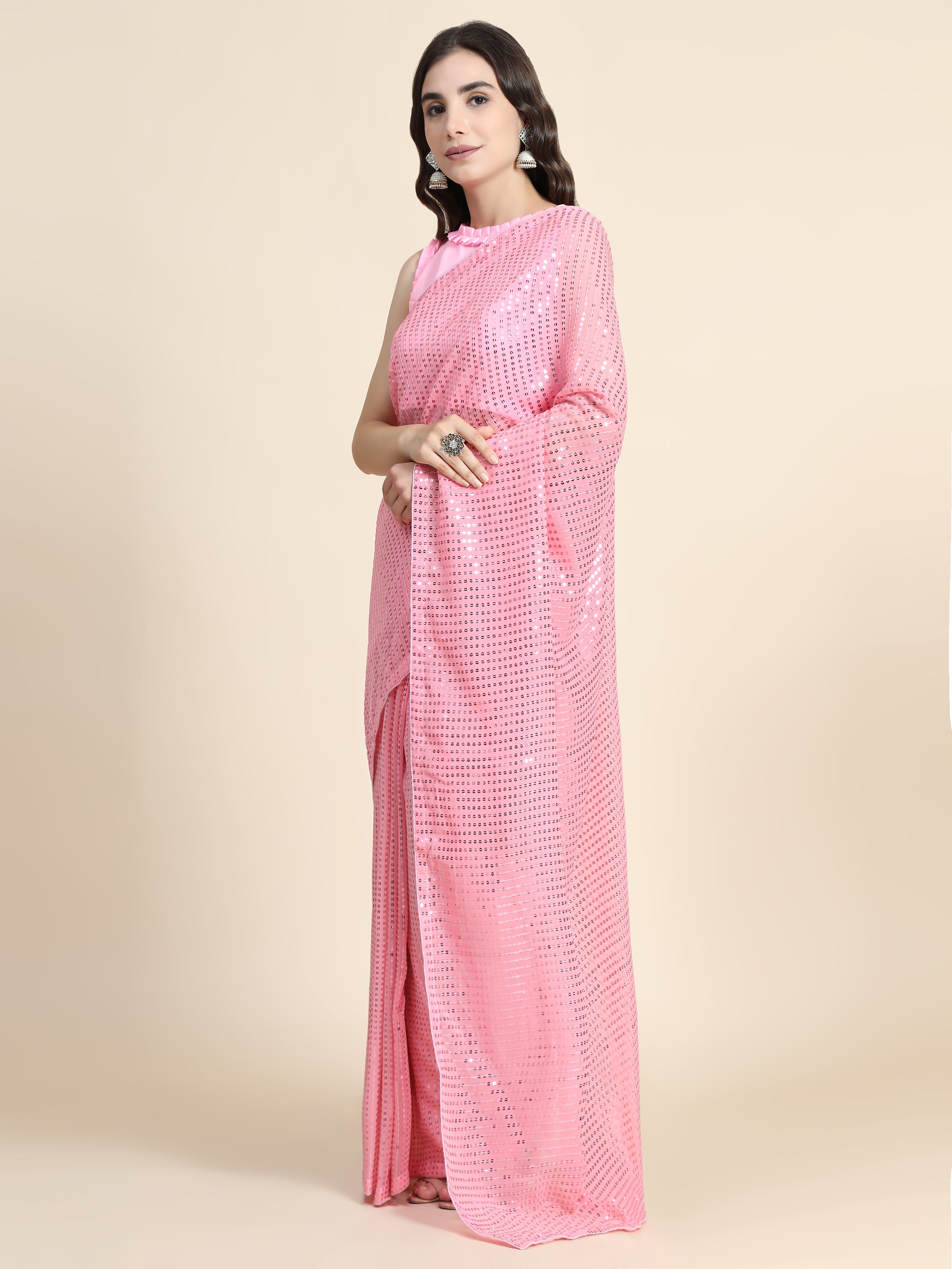 Women's Sequin Striped Paty Wear Contemporary Georgette Saree With Blouse Piece (Baby Pink) - NIMIDHYA