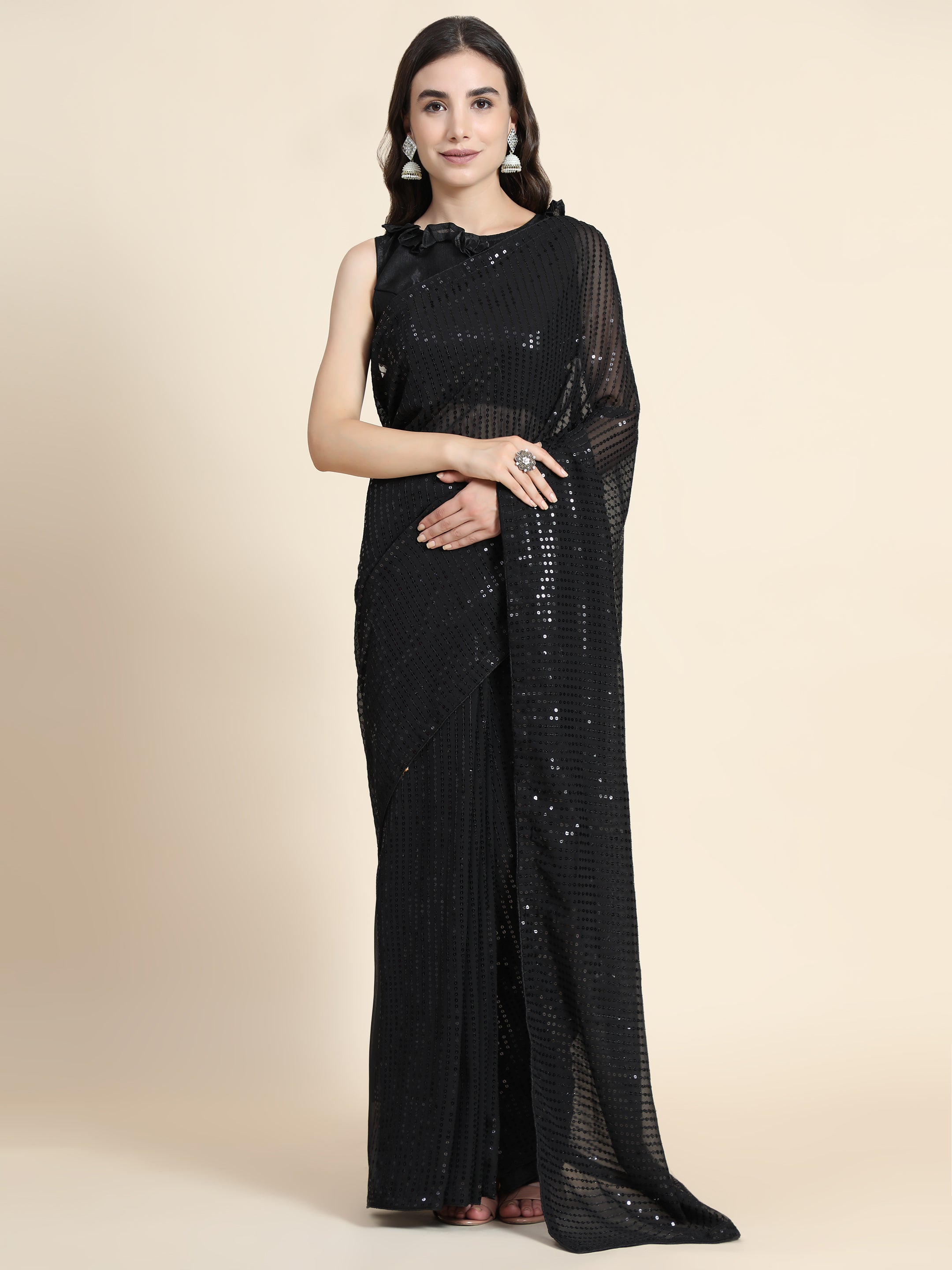 Women's Sequin Striped Paty Wear Contemporary Georgette Saree With Blouse Piece (Black) - NIMIDHYA