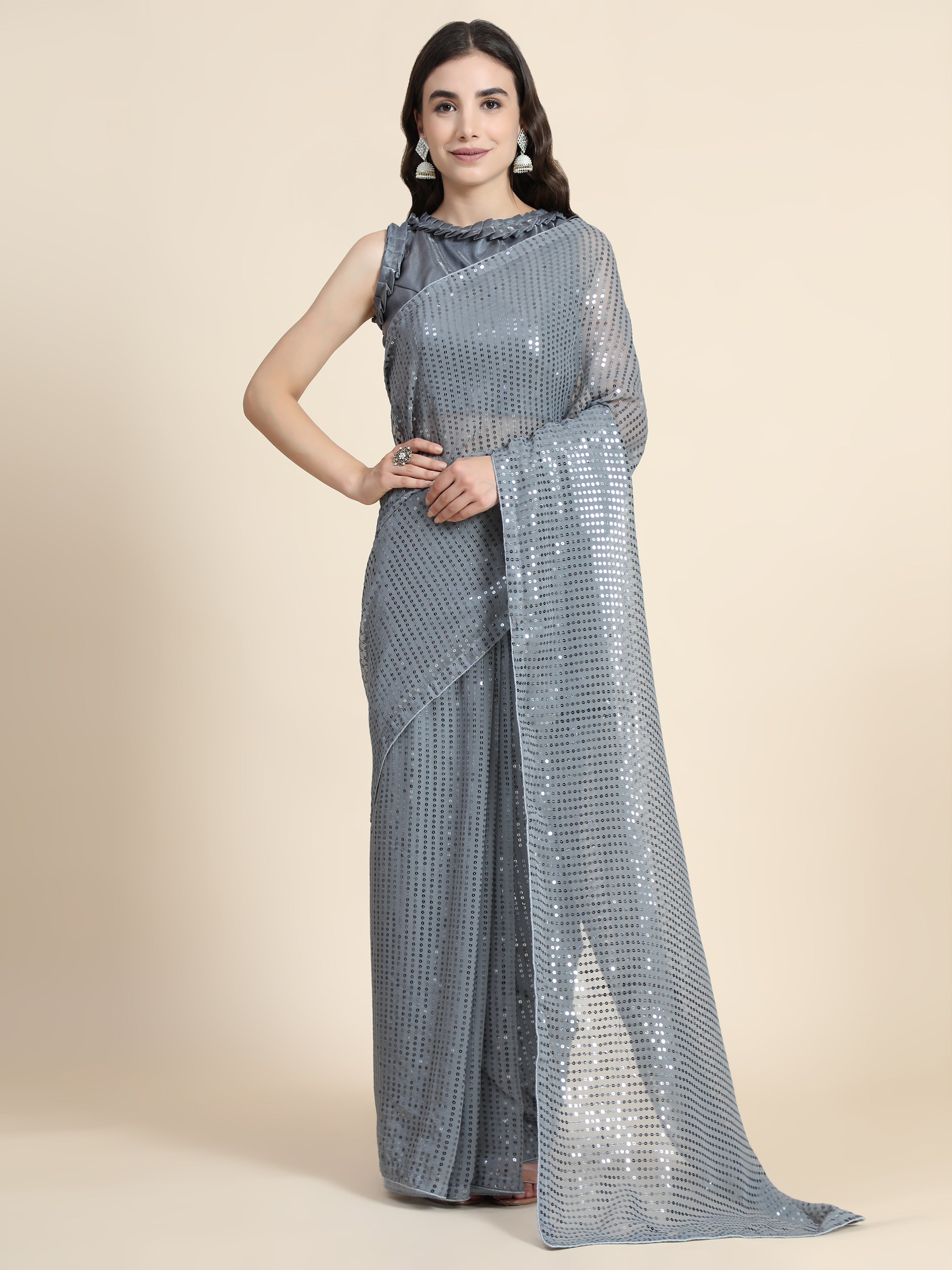 Women's Sequin Striped Paty Wear Contemporary Georgette Saree With Blouse Piece (Grey) - NIMIDHYA