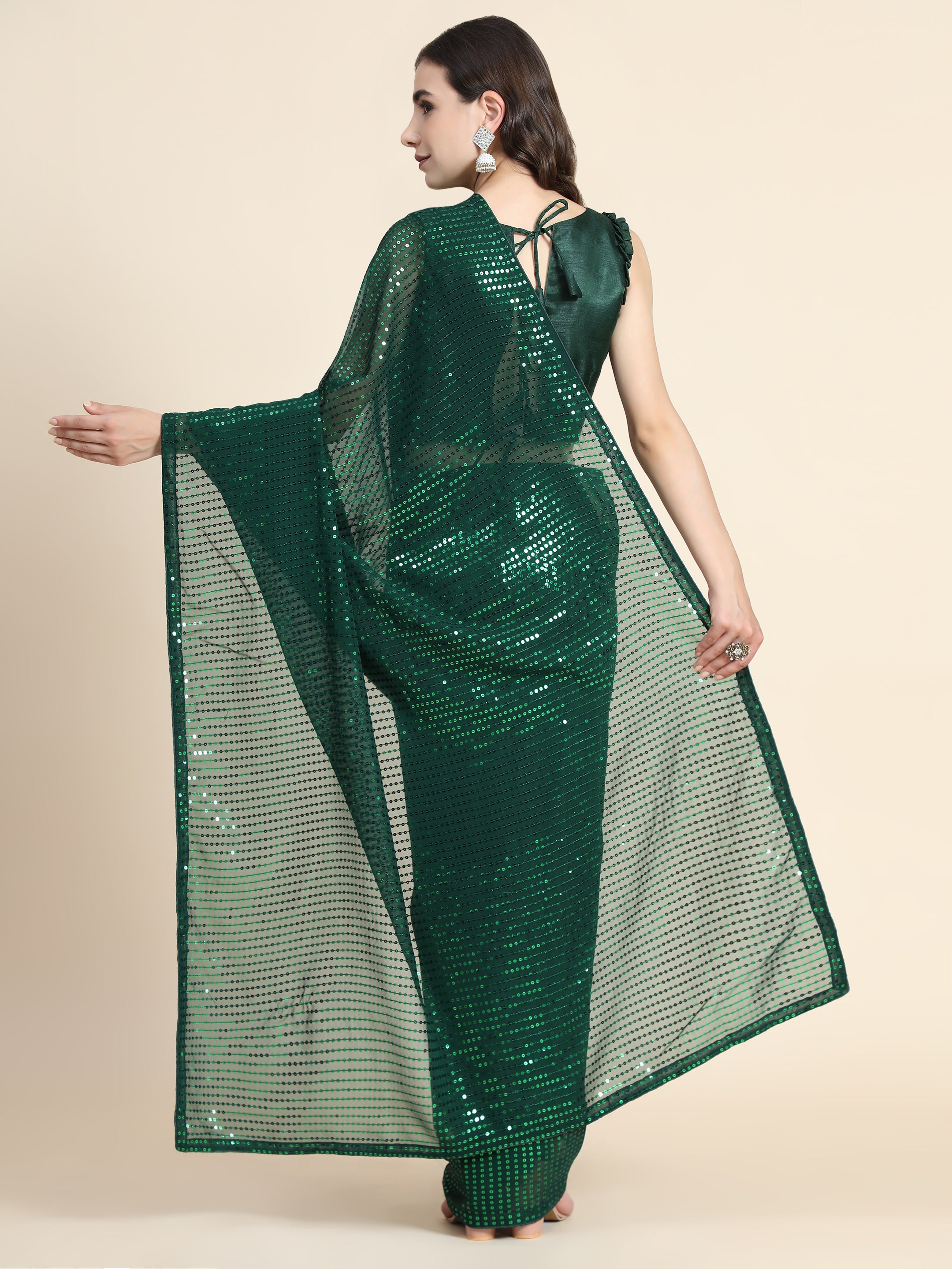 Women's Sequin Striped Paty Wear Contemporary Georgette Saree With Blouse Piece (Green) - NIMIDHYA