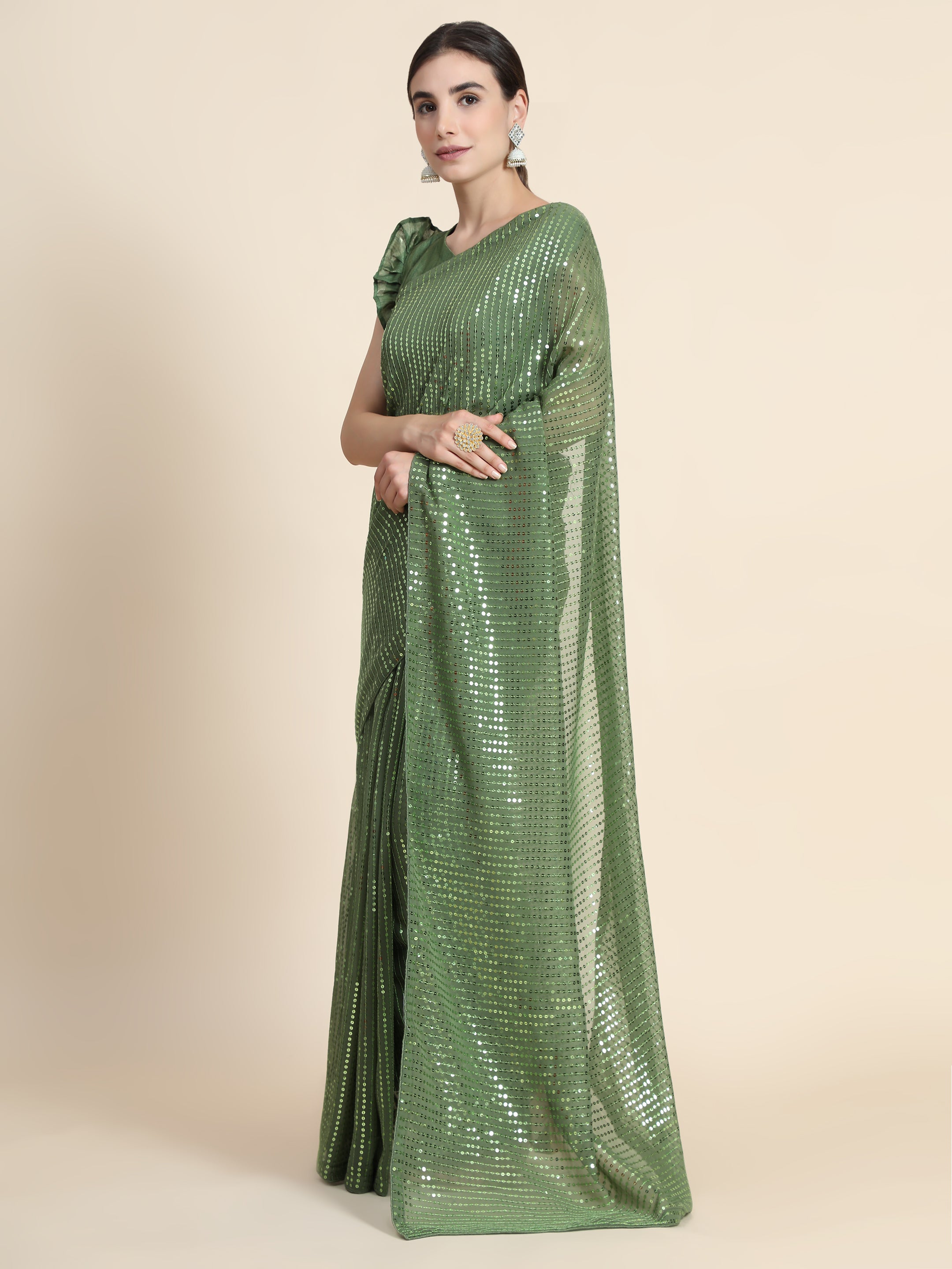 Women's Sequin Striped Paty Wear Contemporary Georgette Saree With Blouse Piece (Mendhai Green) - NIMIDHYA