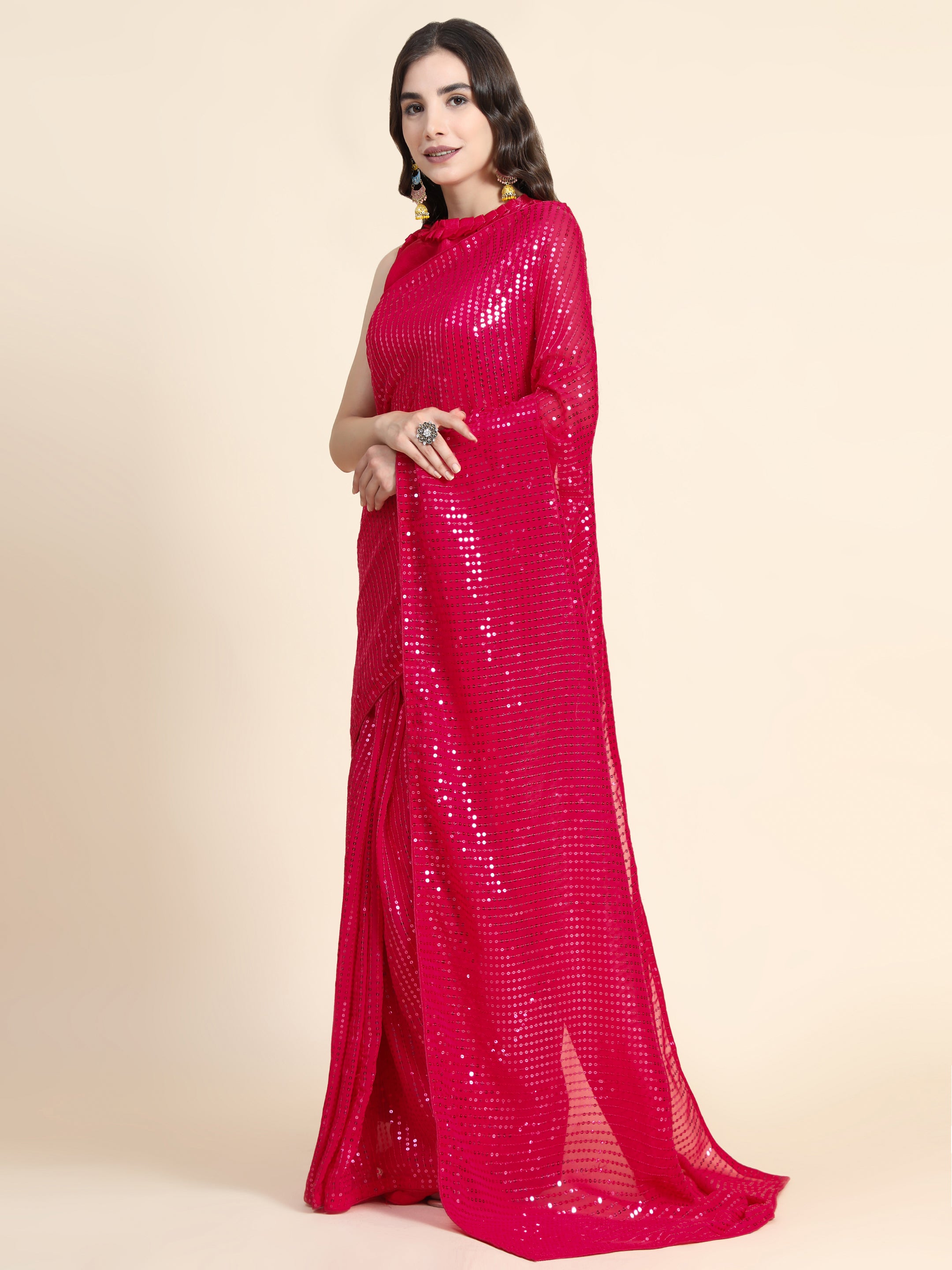 Women's Sequin Striped Paty Wear Contemporary Georgette Saree With Blouse Piece (Pink) - NIMIDHYA
