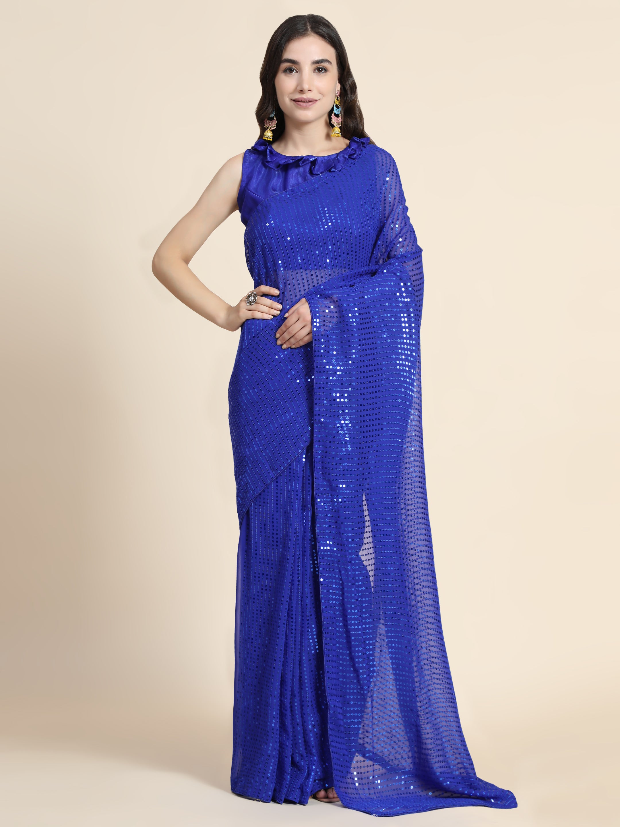 Women's Sequin Striped Paty Wear Contemporary Georgette Saree With Blouse Piece (Royal Blue) - NIMIDHYA