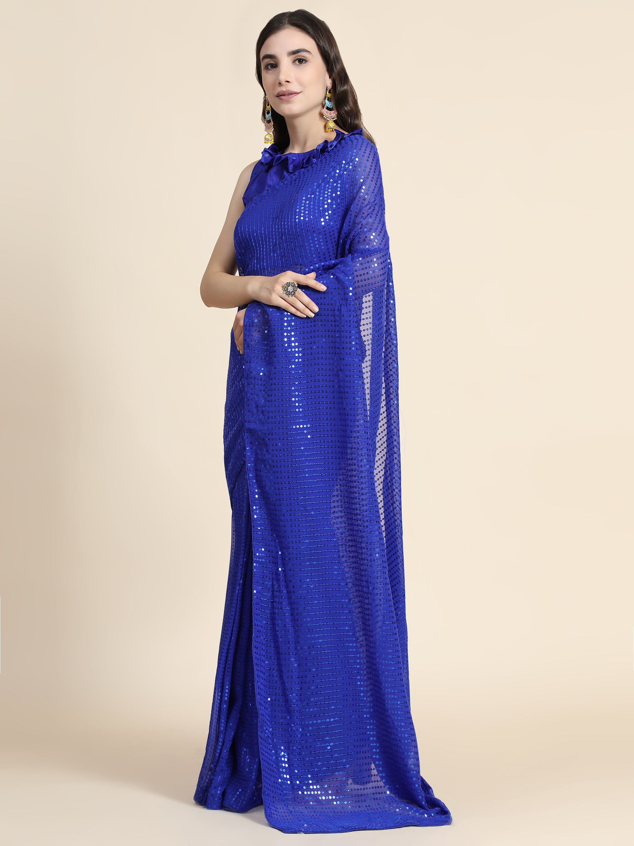 Women's Sequin Striped Paty Wear Contemporary Georgette Saree With Blouse Piece (Royal Blue) - NIMIDHYA