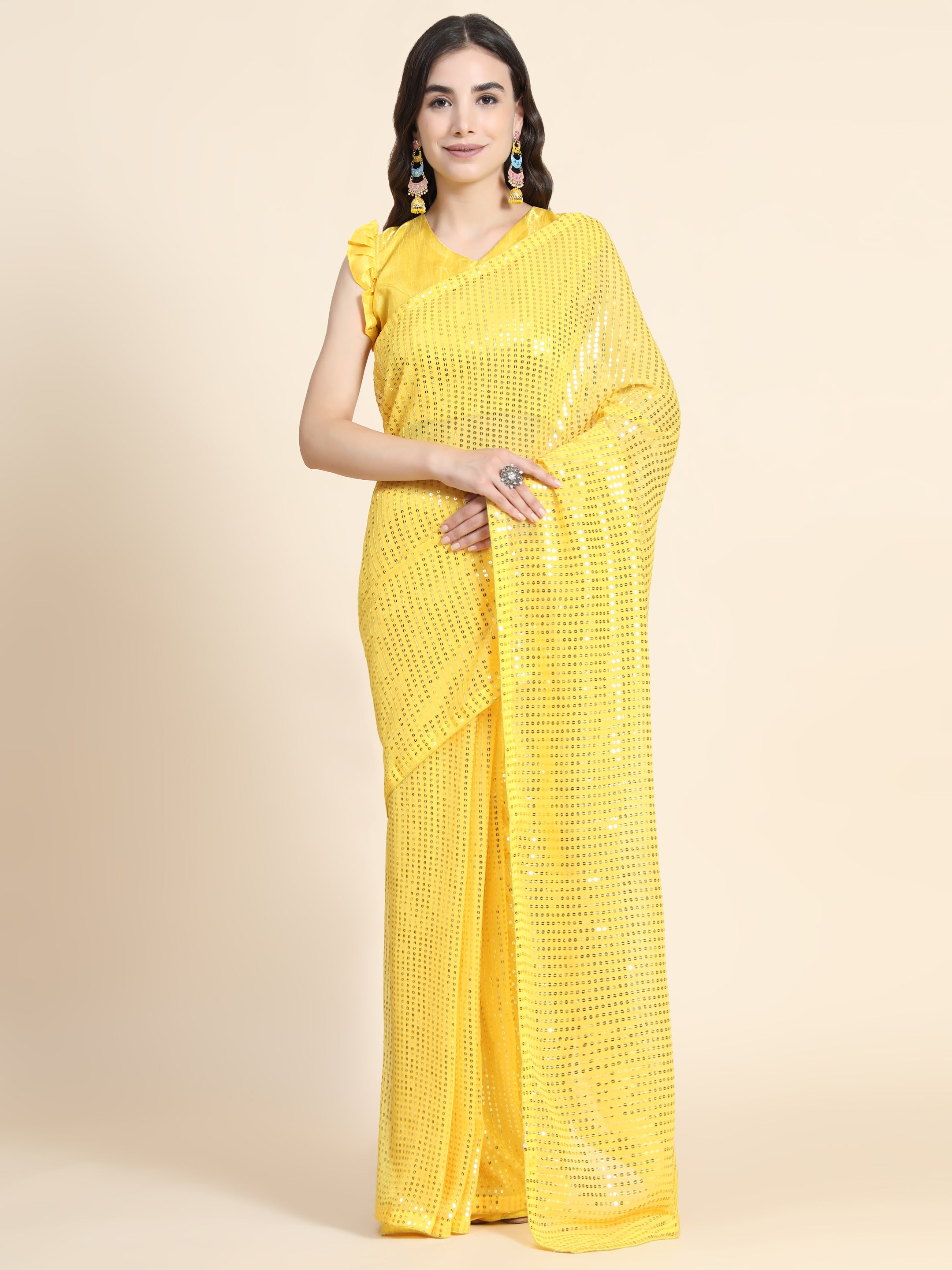 Women's Sequin Striped Paty Wear Contemporary Georgette Saree With Blouse Piece (Yellow) - NIMIDHYA