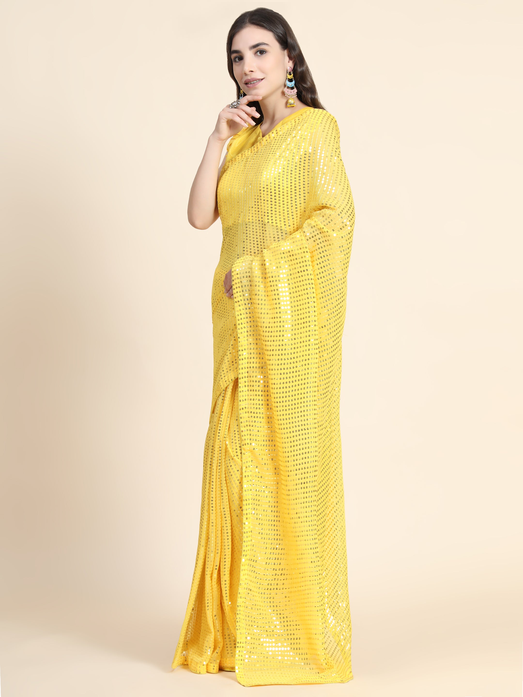 Women's Sequin Striped Paty Wear Contemporary Georgette Saree With Blouse Piece (Yellow) - NIMIDHYA