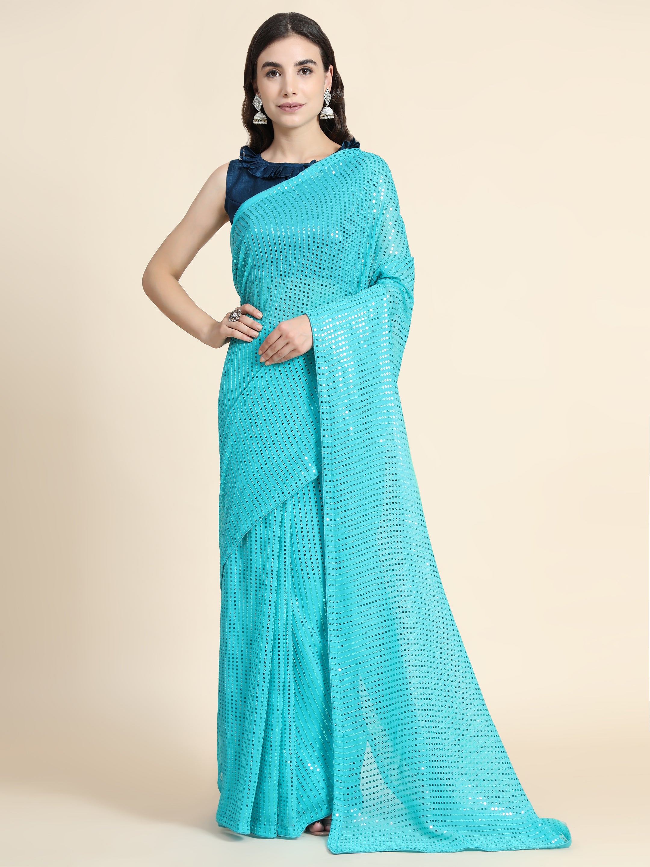 Women's Sequin Striped Paty Wear Contemporary Georgette Saree With Blouse Piece (Sky Blue) - NIMIDHYA