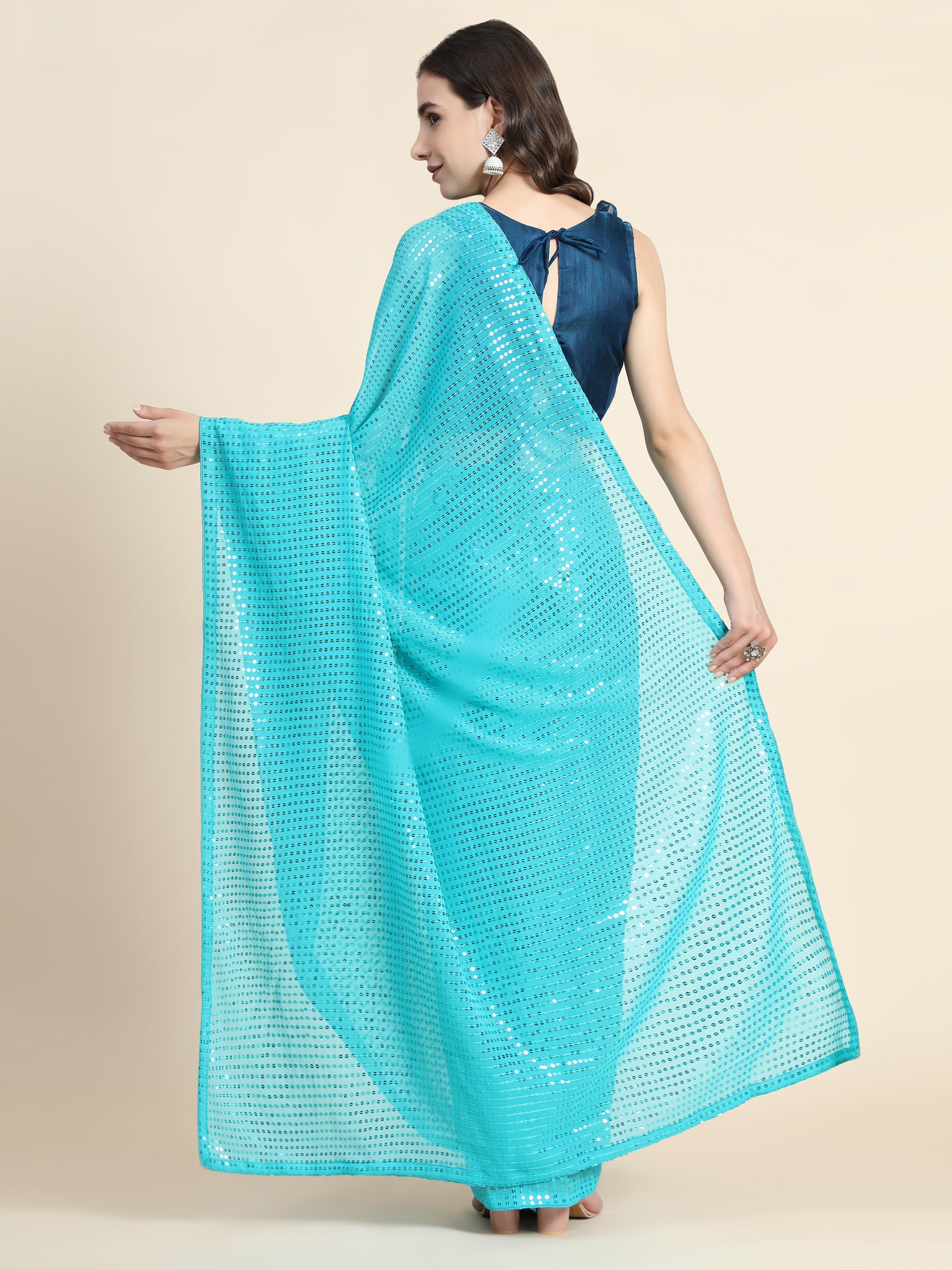 Women's Sequin Striped Paty Wear Contemporary Georgette Saree With Blouse Piece (Sky Blue) - NIMIDHYA
