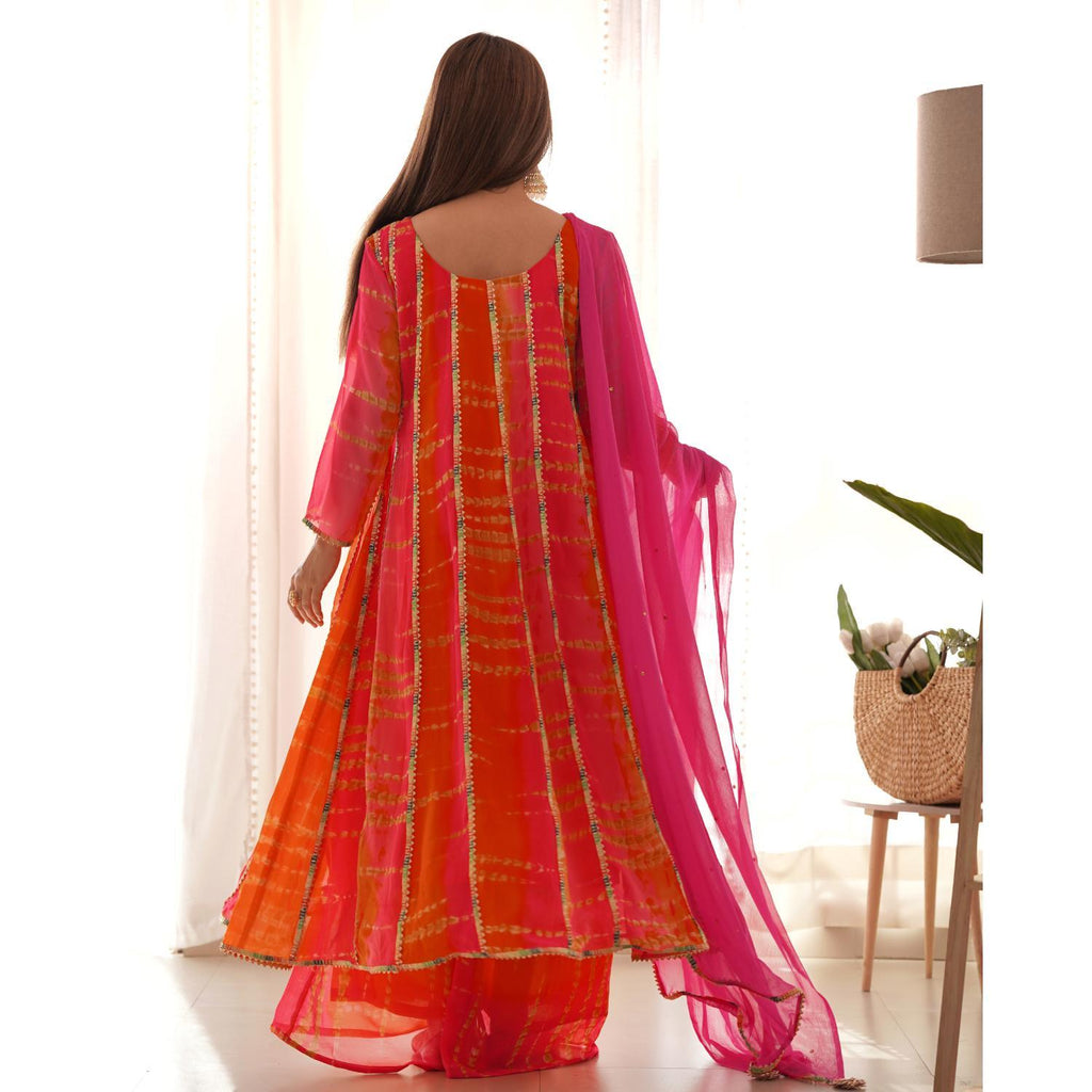 Women's Magenta And Orange Tie & Dye Anarkali Palazzo Set With Dupatta