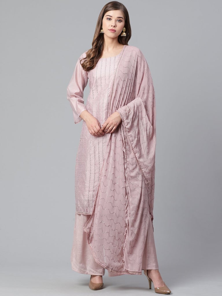 Women's Chanderi Silk Sequinned Embellished A-Line Kurta Palazzo Dupatta Set - Final Clearance Sale
