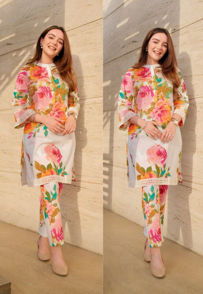 Women's Floral Printed Knee Length Madrian Collar Neck Rayon Co-Ord Set For Women