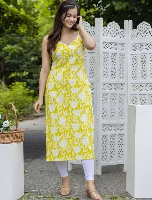 Women's Floral Printed Knee Length V Neck Sleeveless Rayon Kurti (Yellow)