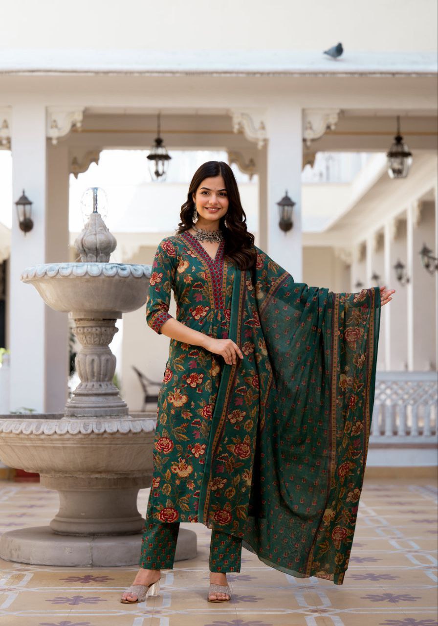Women's Knee Length Flared Anarkali Kurti And Pant Set With Printed Dupatta - Taantav