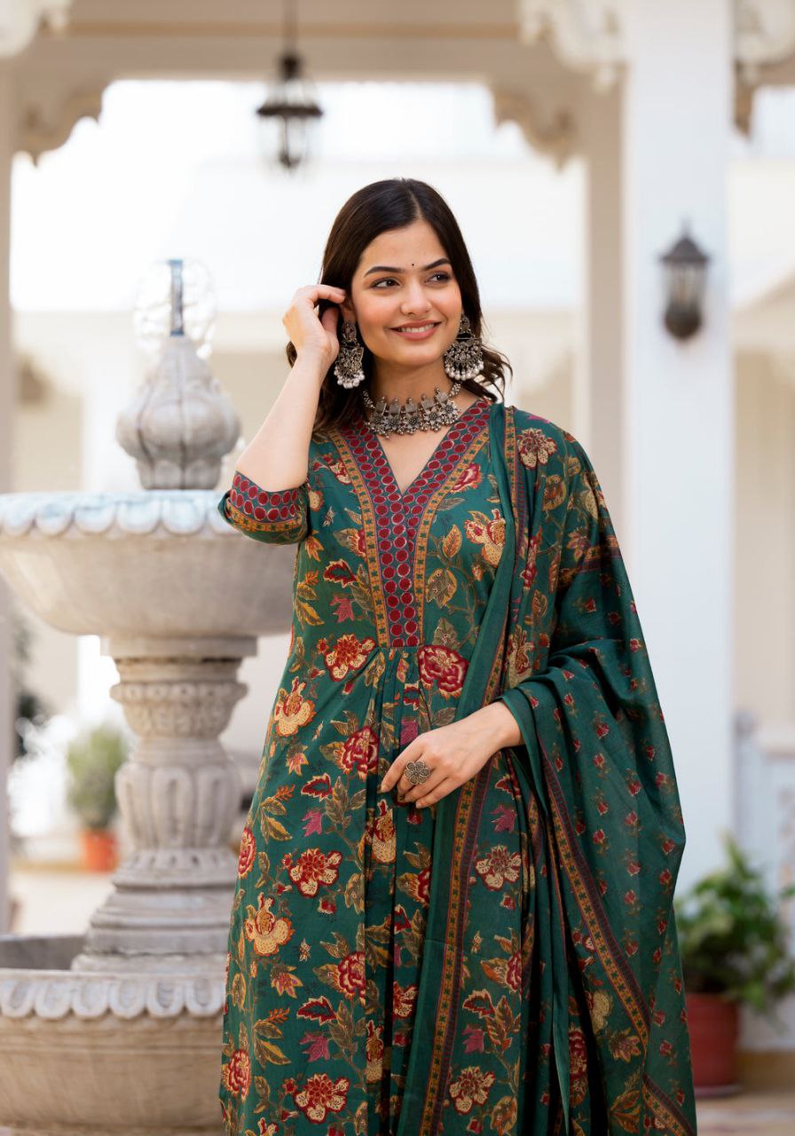 Women's Knee Length Flared Anarkali Kurti And Pant Set With Printed Dupatta - Taantav