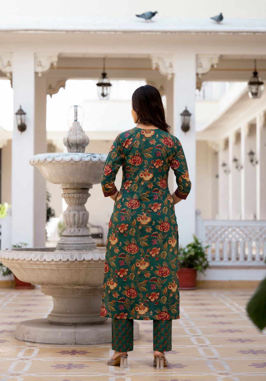 Women's Knee Length Flared Anarkali Kurti And Pant Set With Printed Dupatta - Taantav