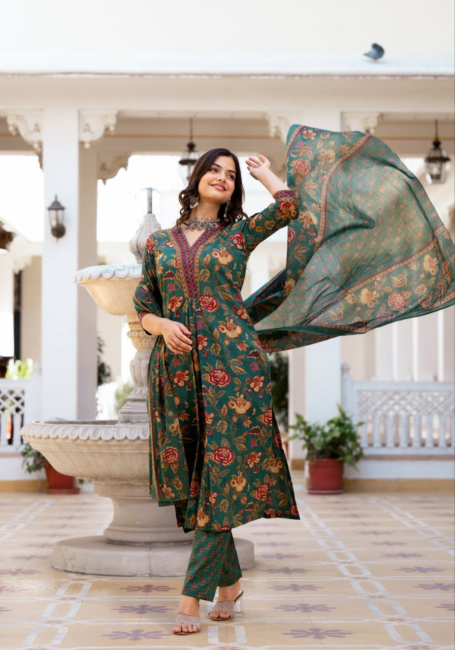 Women's Knee Length Flared Anarkali Kurti And Pant Set With Printed Dupatta - Taantav