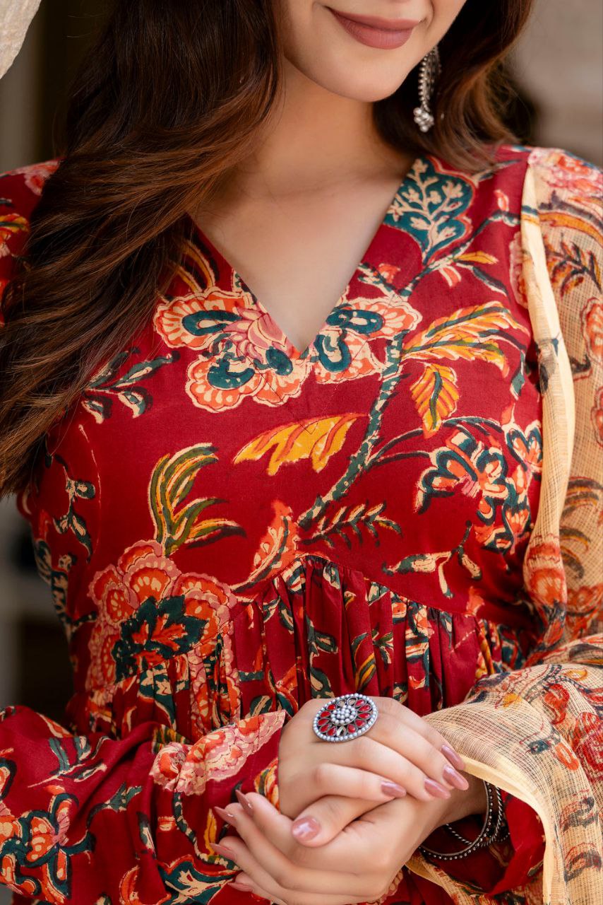 Women's Floral Printed Flared Anarkali Kurti And Palazzo Set With Printed Dupatta - Taantav