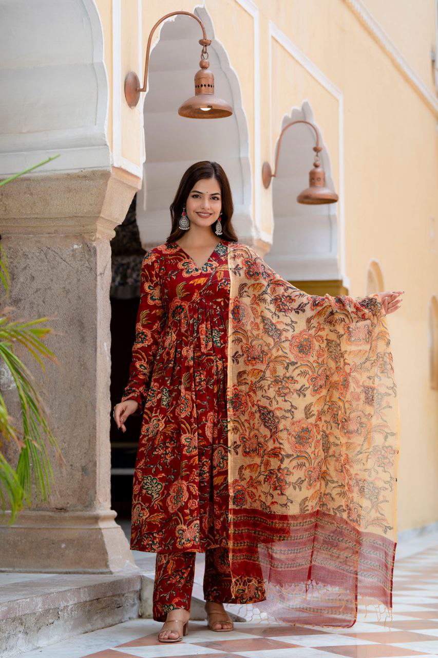 Women's Floral Printed Flared Anarkali Kurti And Palazzo Set With Printed Dupatta - Taantav