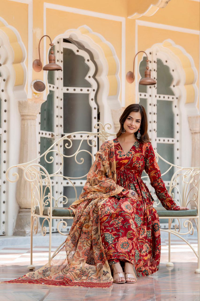 Women's Floral Printed Flared Anarkali Kurti And Palazzo Set With Printed Dupatta - Taantav