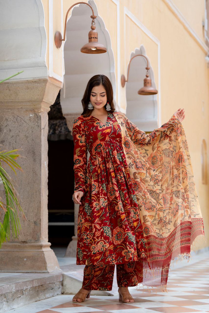 Women's Floral Printed Flared Anarkali Kurti And Palazzo Set With Printed Dupatta - Taantav