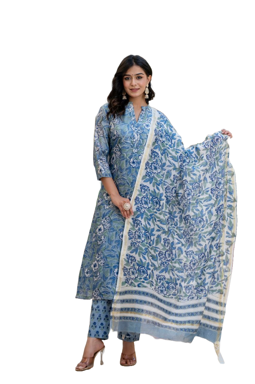 Women's Floral Printed Knee Length Rayon Kurti And Pant Set With Printed Dupatta (K157) - Taantav