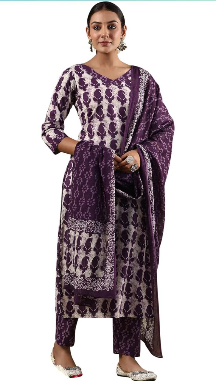 Women's Floral Printed Knee Length 3/4 Sleeves Kurti And Pant Set With Printed Cotton Dupatta (K165)