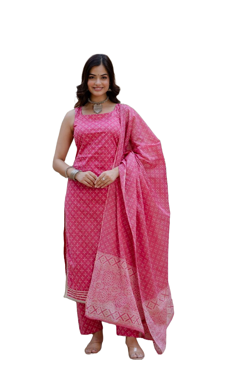 Women's Bandhni Printed Knee Length Sleeveless Rayon Kurti And Pant Set With Printed Dupatta (K166) - Taantav