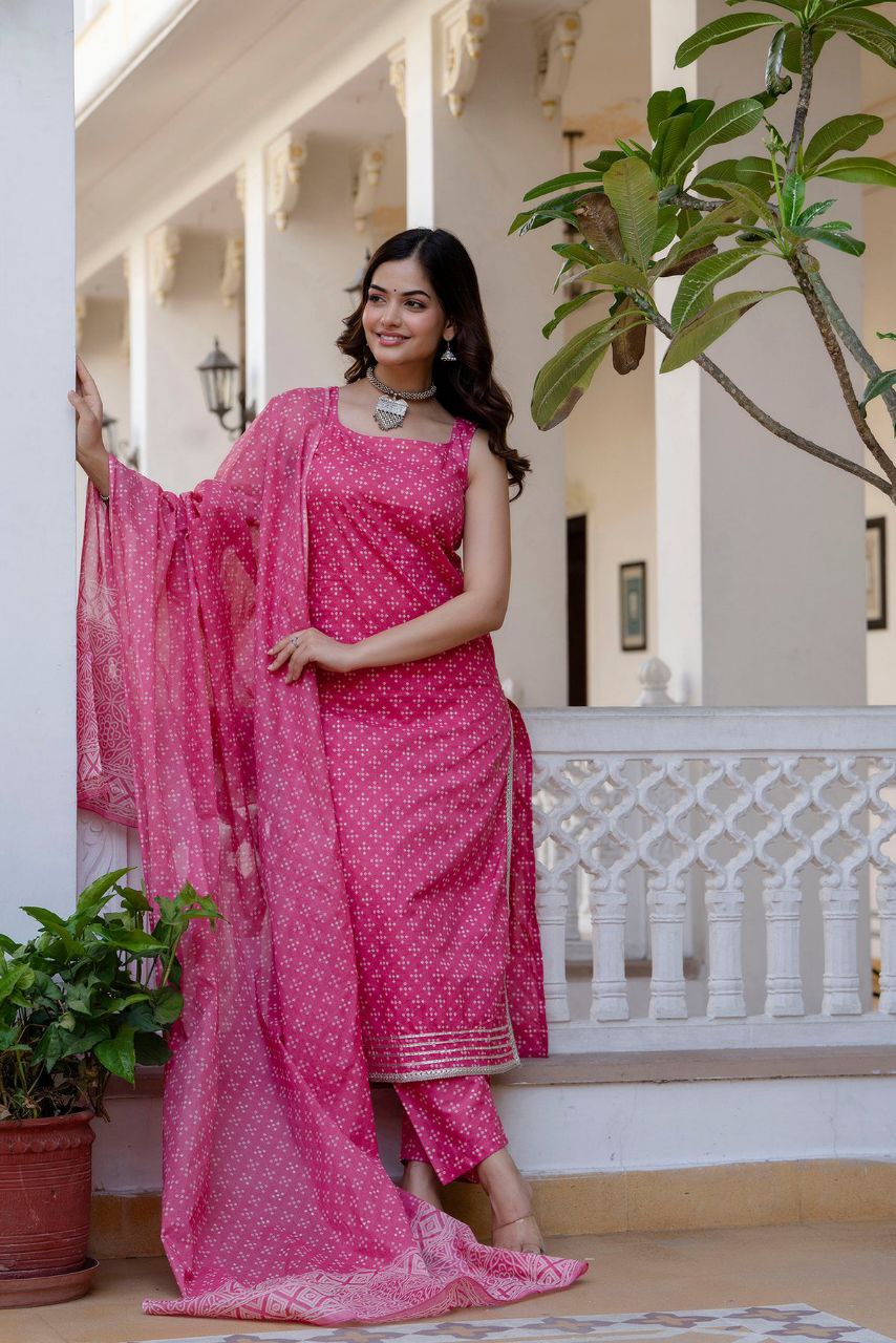 Women's Bandhni Printed Knee Length Sleeveless Rayon Kurti And Pant Set With Printed Dupatta (K166) - Taantav