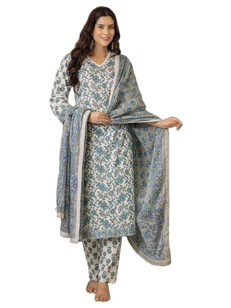 Women's Knee Length Floral Printed Rayon Kurti And Pant Set With Printed Dupatta Set (K167) - Taantav