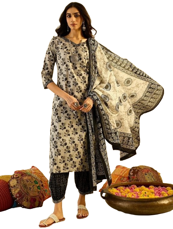 Women's Floral Printed Knee Length V Neck Kurti And Pant Set With Printed Dupatta (K168) - Taantav
