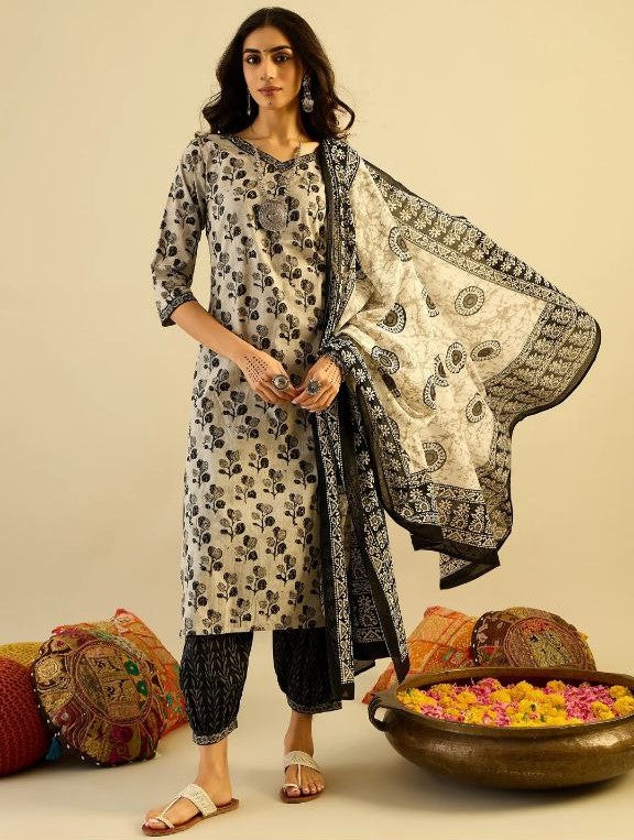 Women's Floral Printed Knee Length V Neck Kurti And Pant Set With Printed Dupatta (K168) - Taantav