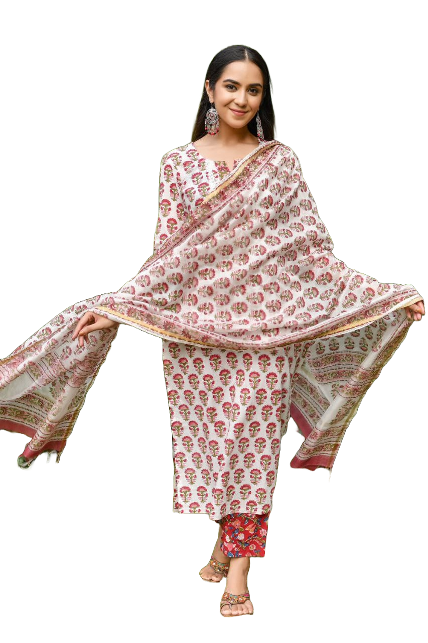 Women's Floral Printed Knee Length V Neck Kurta Set With Dupatta Set (White) - Taantav