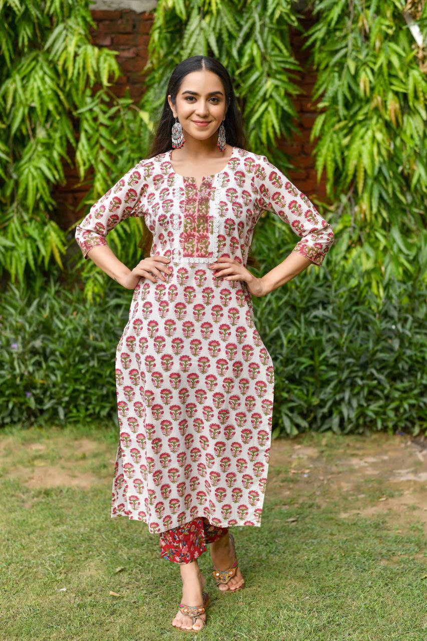 Women's Floral Printed Knee Length V Neck Kurta Set With Dupatta Set (White) - Taantav