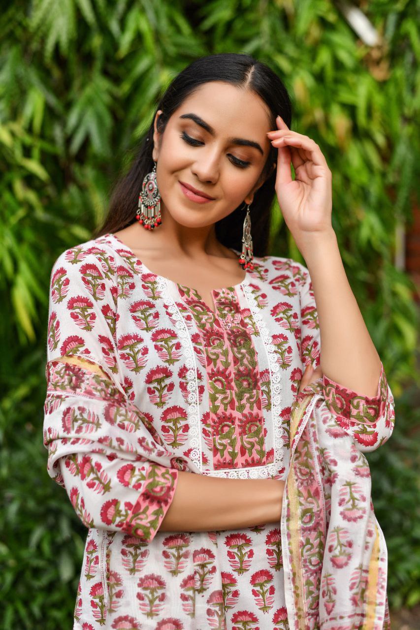 Women's Floral Printed Knee Length V Neck Kurta Set With Dupatta Set (White) - Taantav