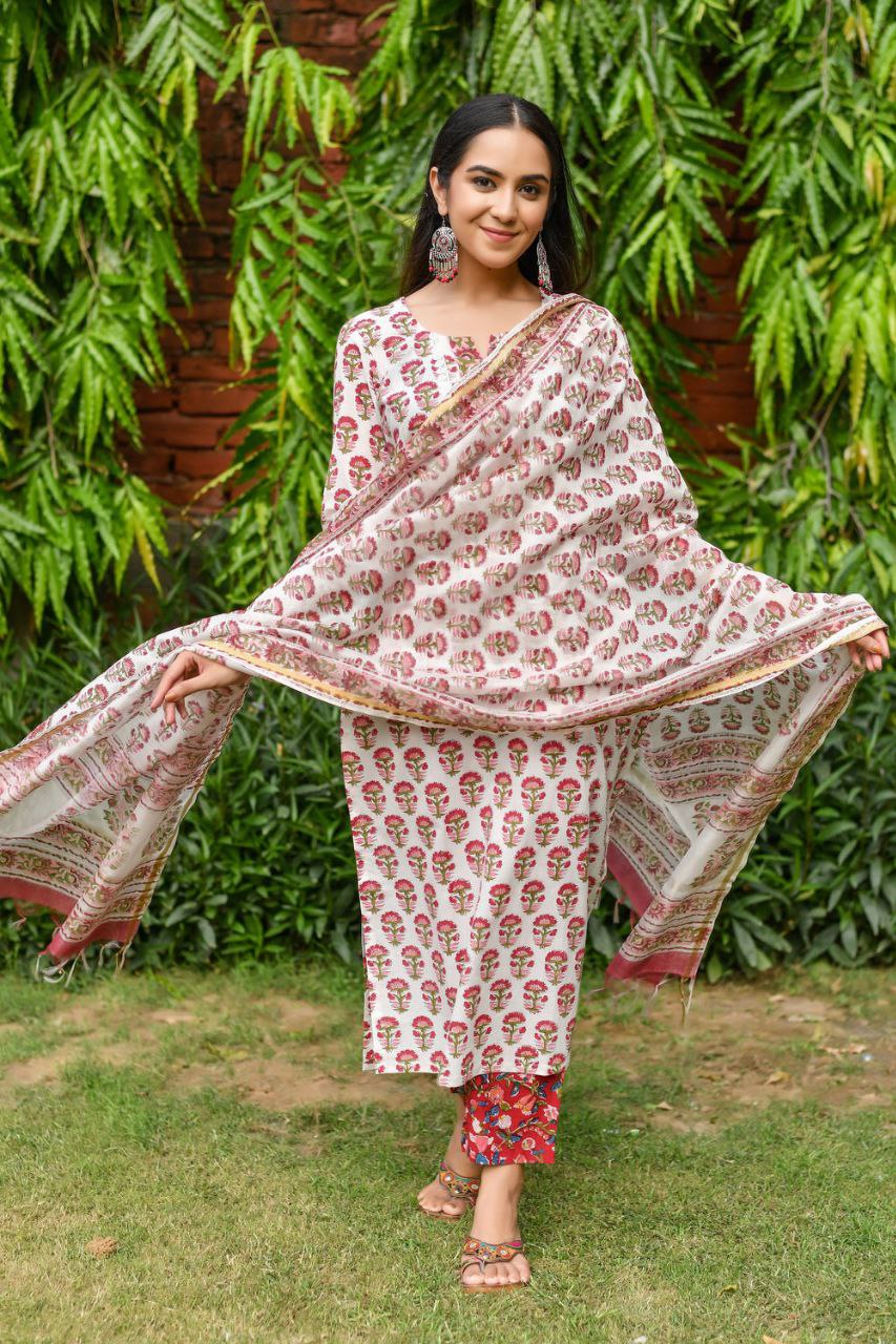 Women's Floral Printed Knee Length V Neck Kurta Set With Dupatta Set (White) - Taantav
