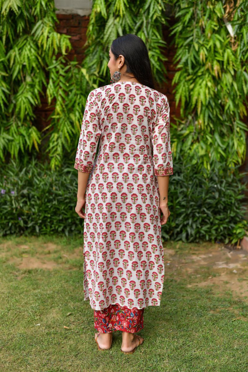 Women's Floral Printed Knee Length V Neck Kurta Set With Dupatta Set (White) - Taantav