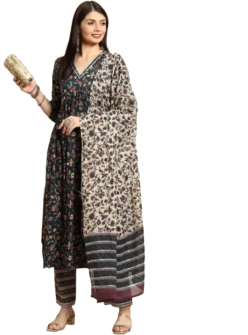 Women's Flared Printed Anarkali Kurti And Pant Set With Dupatta (Green) - Taantav