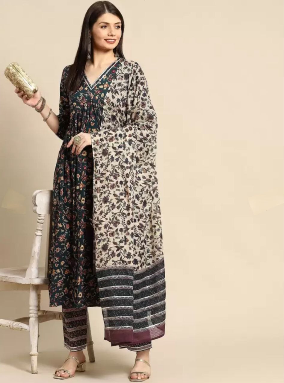 Women's Flared Printed Anarkali Kurti And Pant Set With Dupatta (Green) - Taantav