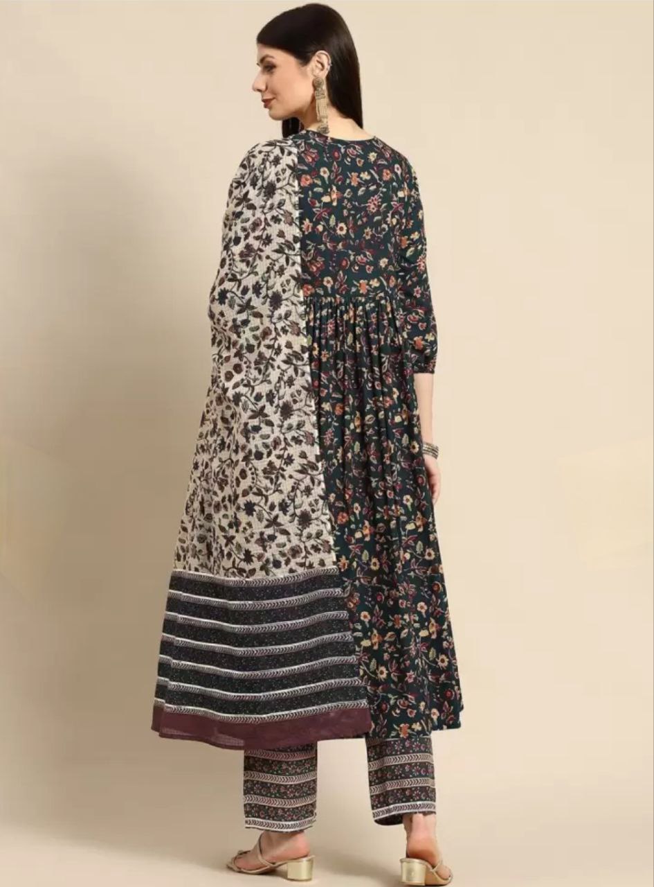 Women's Flared Printed Anarkali Kurti And Pant Set With Dupatta (Green) - Taantav