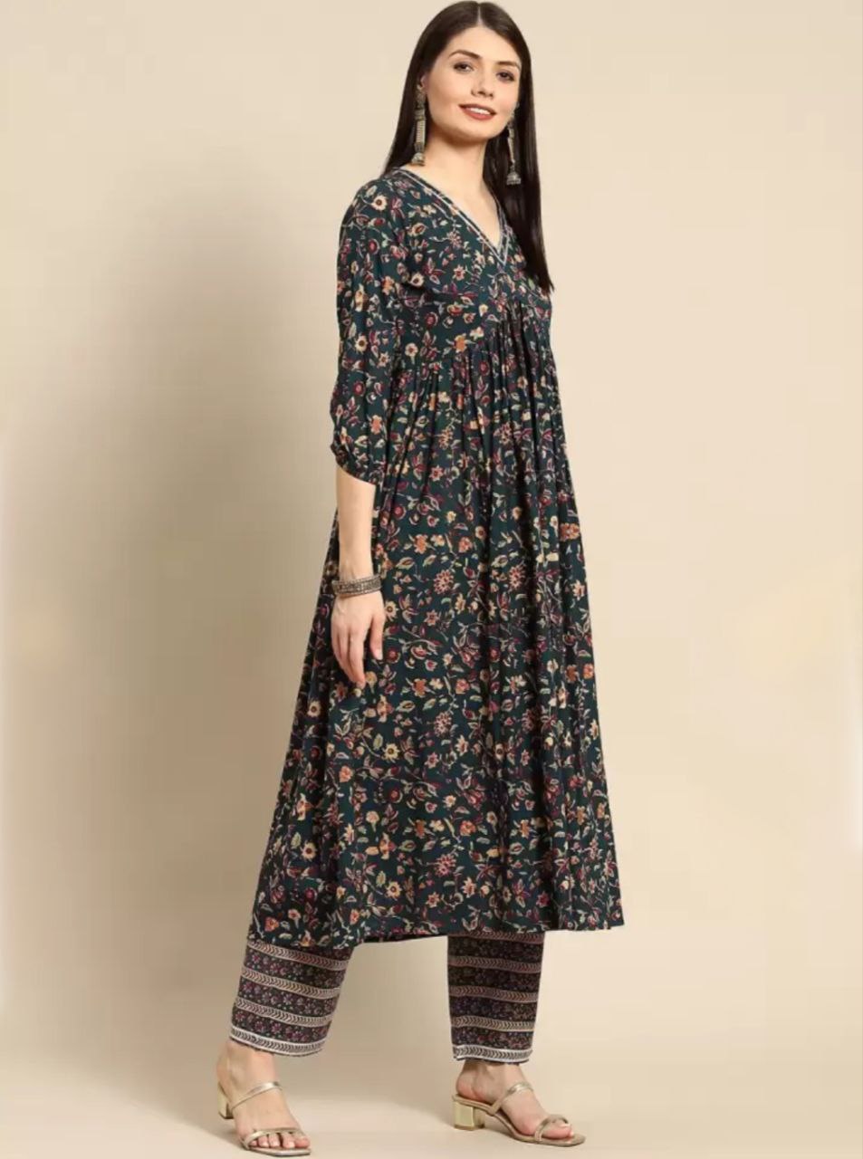 Women's Flared Printed Anarkali Kurti And Pant Set With Dupatta (Green) - Taantav