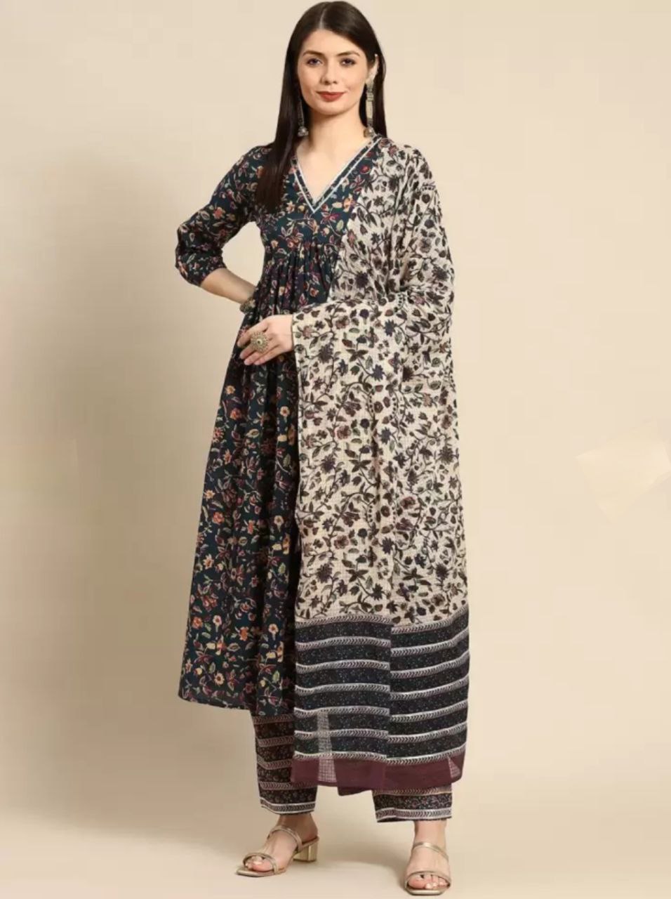 Women's Flared Printed Anarkali Kurti And Pant Set With Dupatta (Green) - Taantav