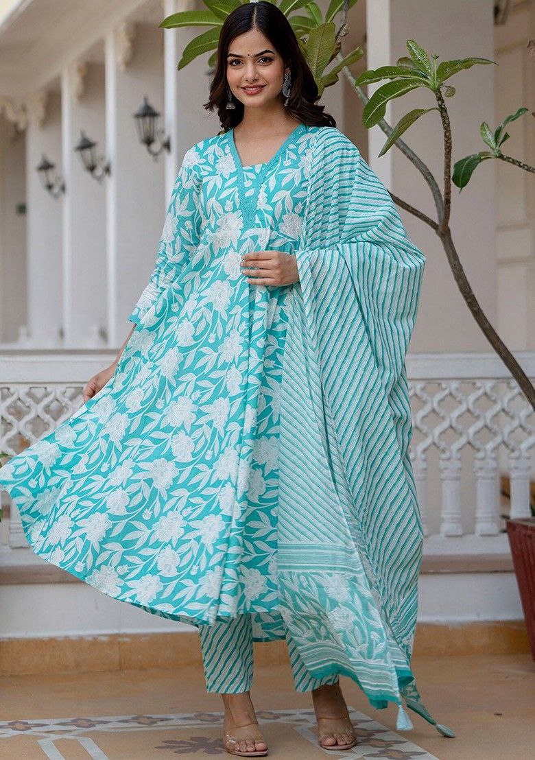 Women's Floral Printed Flared Anarkali Kurti And Pant Set With Dupatta (Sky) - Taantav
