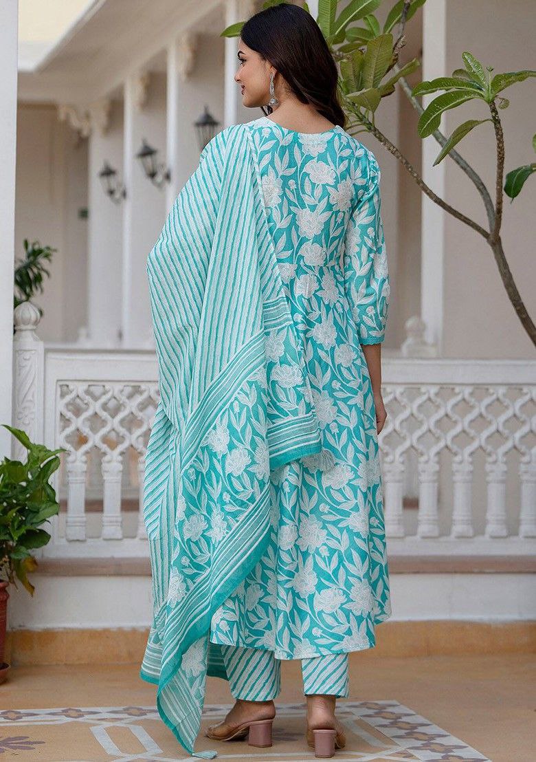 Women's Floral Printed Flared Anarkali Kurti And Pant Set With Dupatta (Sky) - Taantav