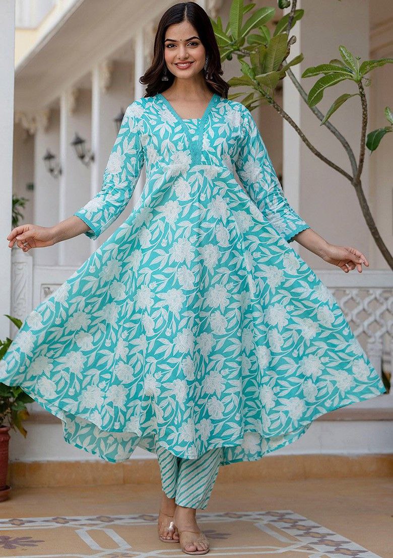 Women's Floral Printed Flared Anarkali Kurti And Pant Set With Dupatta (Sky) - Taantav