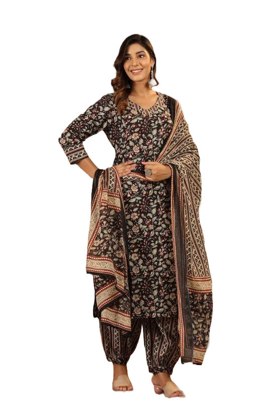 Women's Knee Length Floral Printed Kurti And Pant Set With Printed Dupatta (Black) - Taantav