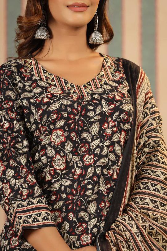 Women's Knee Length Floral Printed Kurti And Pant Set With Printed Dupatta (Black) - Taantav